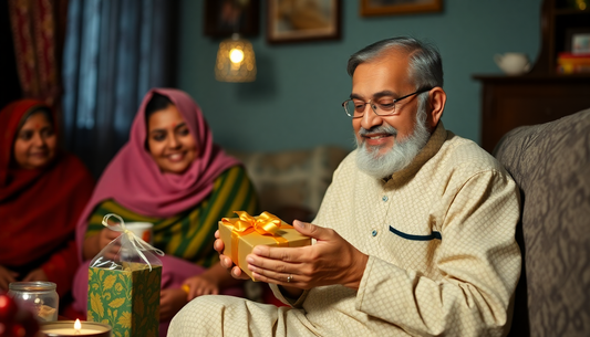 Happy elderly man receiving Father's Day gift ideas Pakistan with family in a cozy living room setting