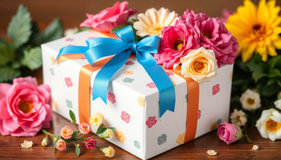 A wrapped gift box with colorful ribbons and flowers