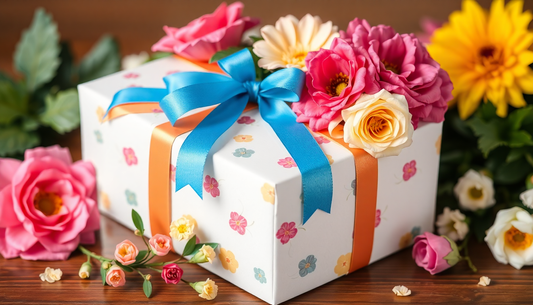 A wrapped gift box with colorful ribbons and flowers