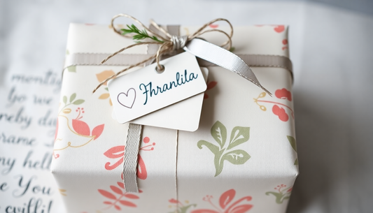 Beautifully wrapped gift with floral paper and tag showcasing personalized gifts in Pakistan