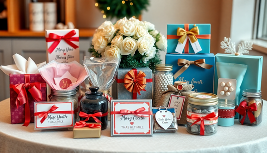 Assortment of beautifully wrapped customized gift ideas in Pakistan featuring ribbons, jars, flowers, and gift boxes on a table