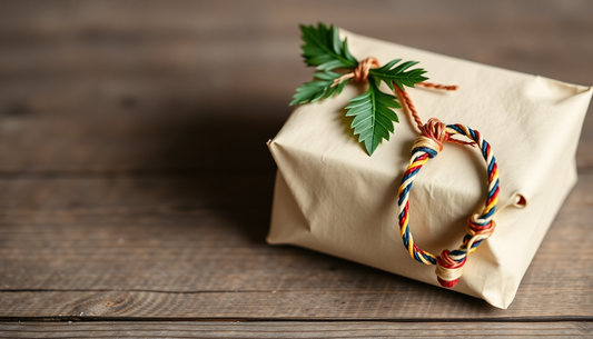 Wrapped gift box with decorative leaves and colorful braided bracelet for personalized gifts for best friend