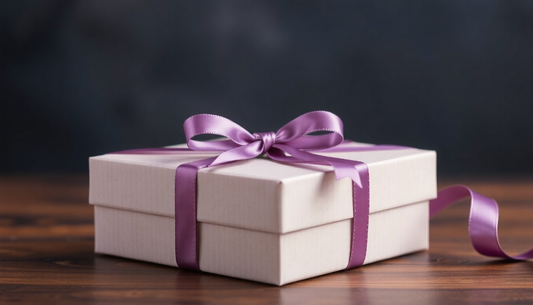 Elegant white gift box tied with a purple satin ribbon, perfect for unique gifts for her