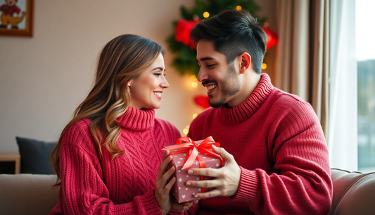 Couple exchanging a wrapped present as anniversary gift ideas for him and her with festive background