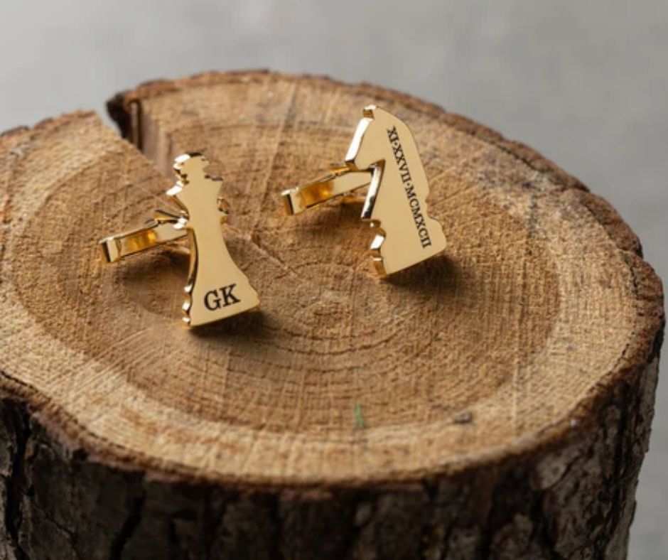 Gold chess piece cufflinks personalized with initials, perfect unique chess lover gifts on wooden background