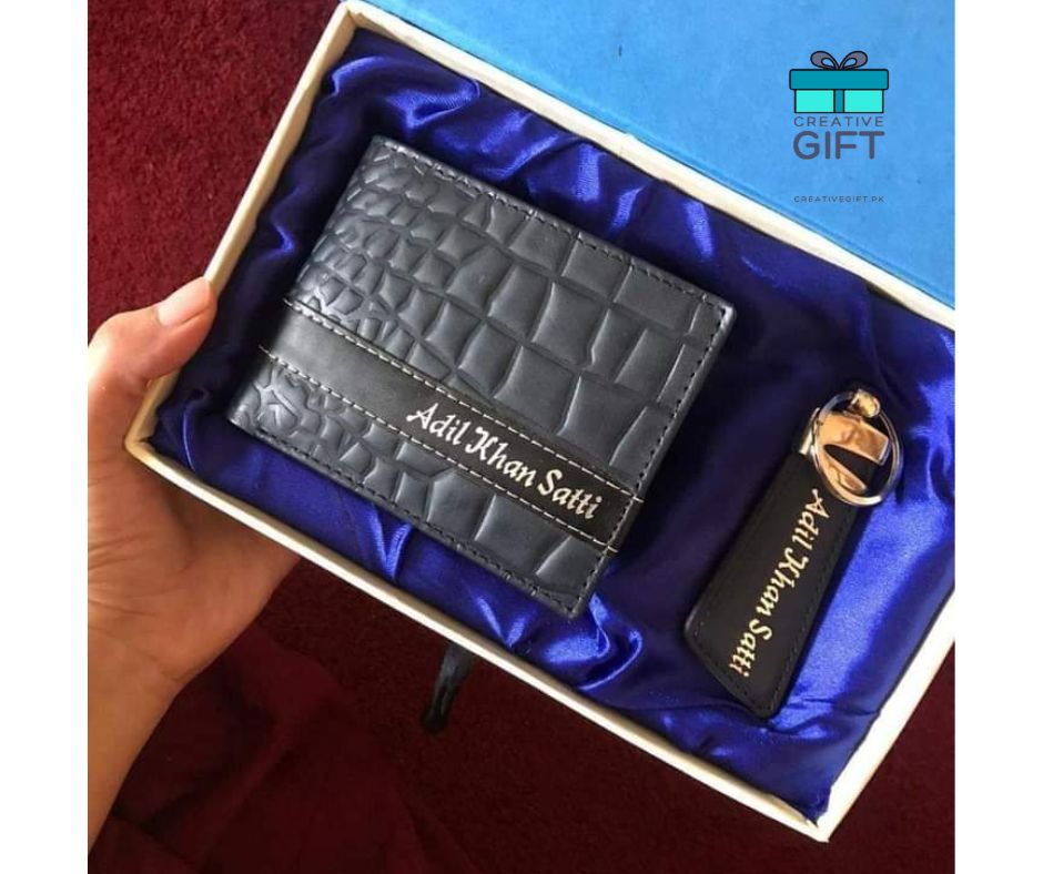 Custom engraved wallet gift set with black leather wallet and matching keychain in blue satin box