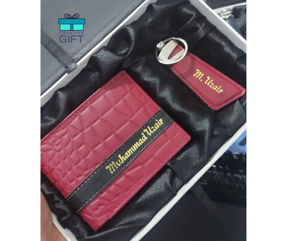 Red custom engraved wallet gift set with matching keychain personalized with names in gold lettering