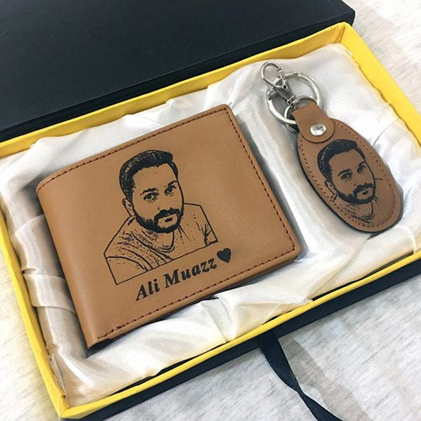Customized leather wallet and keychain set with engraved portrait and name in gift box by Creativegift.pk