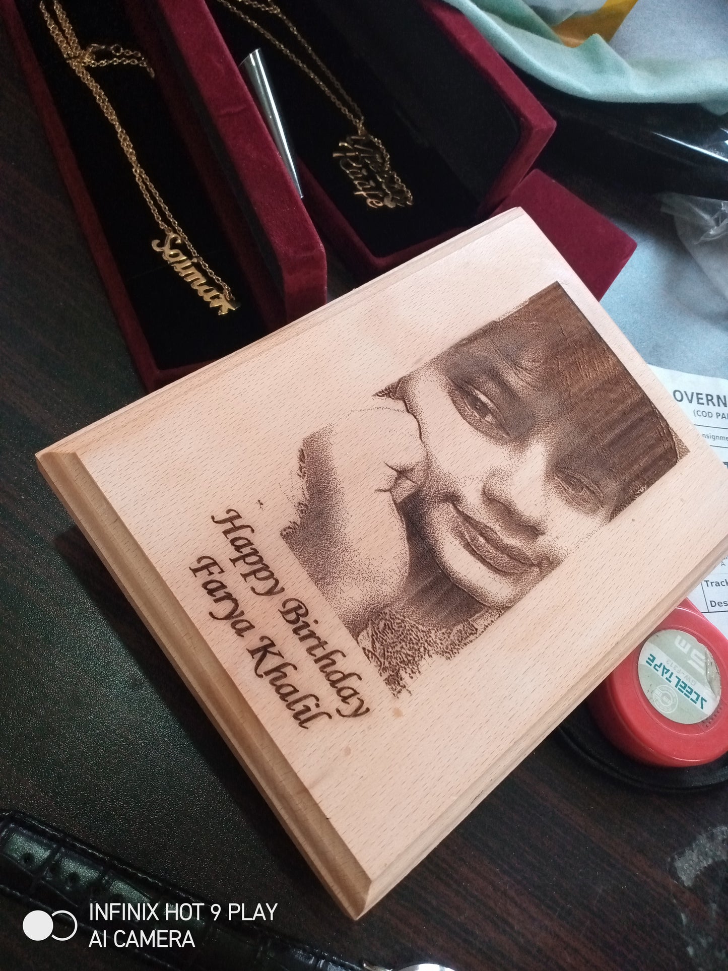 Engraved photo frame for couples with a personalized birthday message and portrait