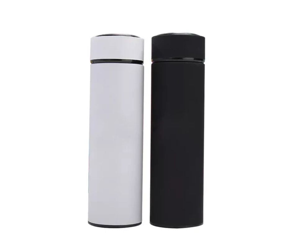 White and black personalized temperature water bottles with sleek cylindrical design