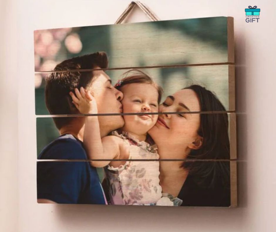 Unique family photo wood plaque displaying a happy family with parents kissing their child printed on wooden panels