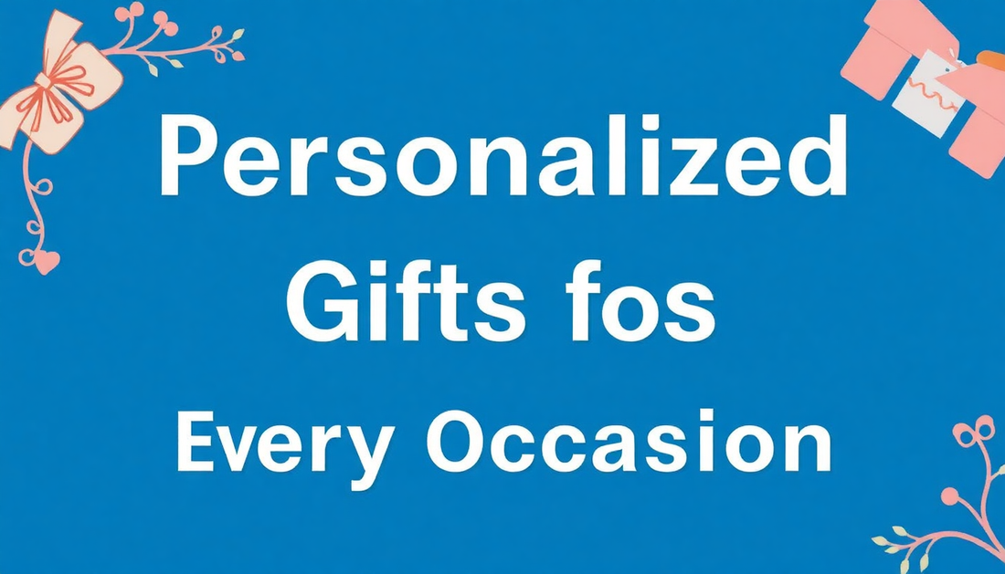 Blue background with text about best custom gift ideas for every occasion surrounded by gift and floral icons