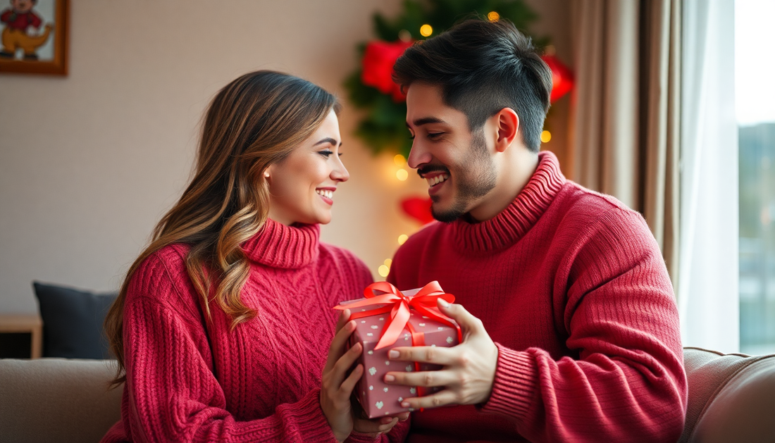 Couple exchanging a wrapped present as anniversary gift ideas for him and her with festive background