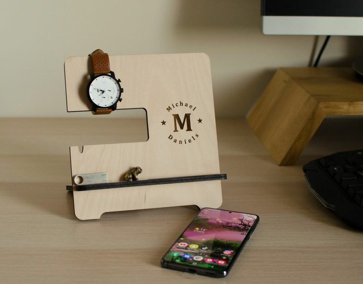 Custom wooden gift ideas personalized watch and phone organizer with engraved names on wood