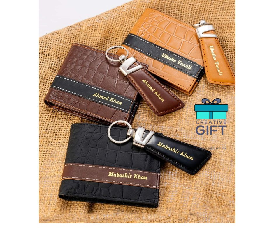Personalized engraved leather wallet online with matching keychain sets in brown, black, and tan colors