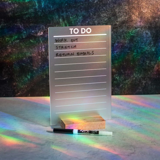 Creativegift.pk acrylic to do list board with wooden stand and black marker on textured surface
