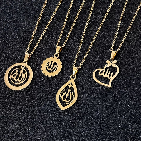 Gold Allah name locket necklaces with various pendant designs on black background