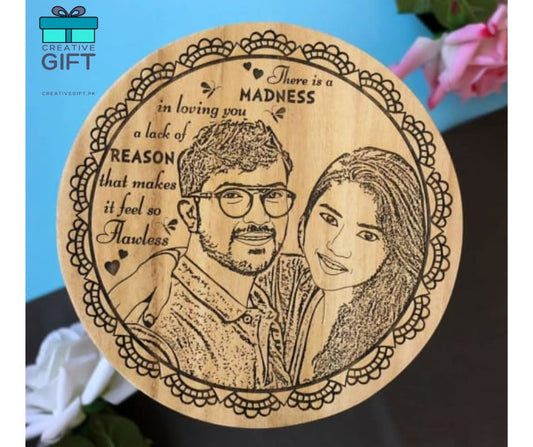 Custom wooden engraved plaque featuring a detailed couple's portrait and romantic text design