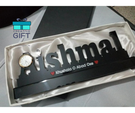 Personalized table name clock with black name design and small round clock on left side