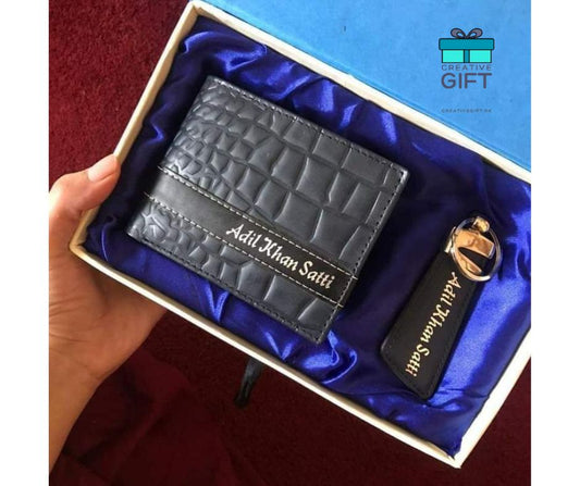 Custom engraved wallet gift set with black leather wallet and matching keychain in blue satin box