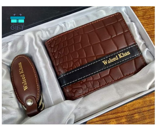 Brown leather custom engraved wallet gift set with matching keychain personalized with name Waleed Khan