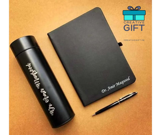 Customized gift set for professionals including black thermos, notebook, and pen with personalized names
