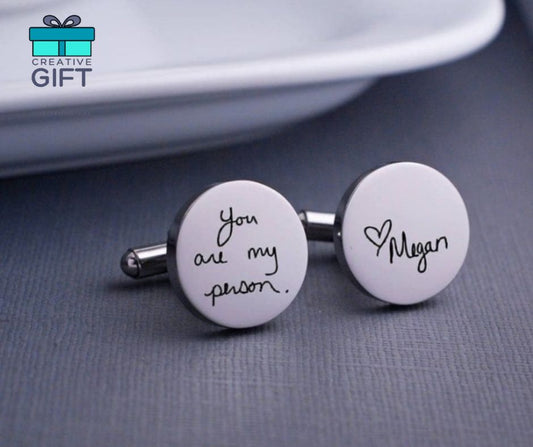 Silver engraved coin name studs with personalized handwritten message and name Megan