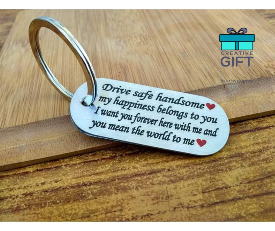 Custom photo metal keychain with engraved sentimental message and heart design by Creativegift.pk
