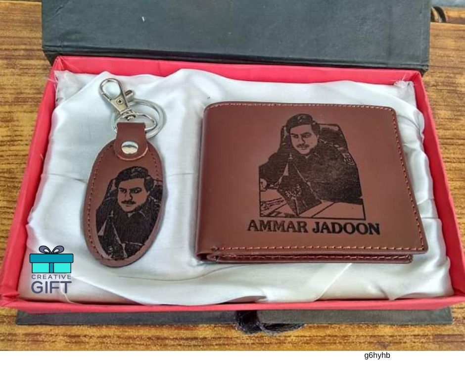 Creativegift.pk personalized wallet and keychain gift set in brown leather with custom photo and name engraving