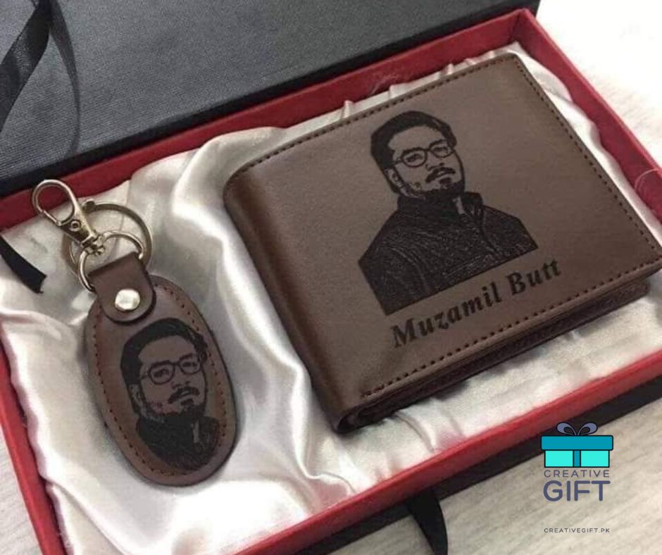 Brown leather personalized wallet and keychain gift set with custom engraved portrait and name in a gift box