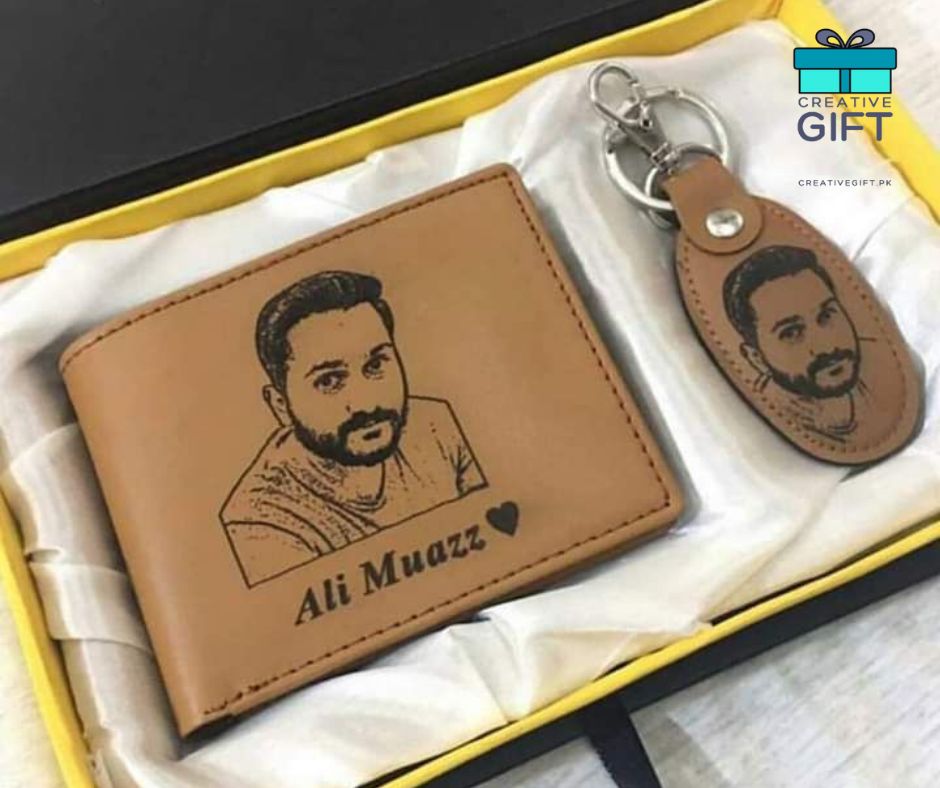 Personalized wallet and keychain gift set with custom engraved portrait and name in tan leather