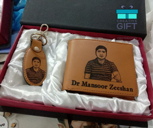 Personalized wallet and keychain gift set with custom photo and name engraving in tan leather