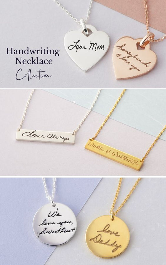 Collection of custom handwriting necklace designs in silver and gold with personalized messages