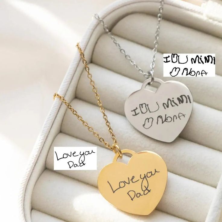 Heart-shaped custom handwriting necklace in gold and silver with personalized handwritten message engraving