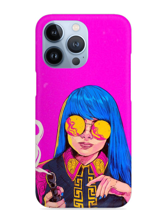 Bright pink smartphone case with artistic design of woman with blue hair and yellow sunglasses customized gift for smartphone