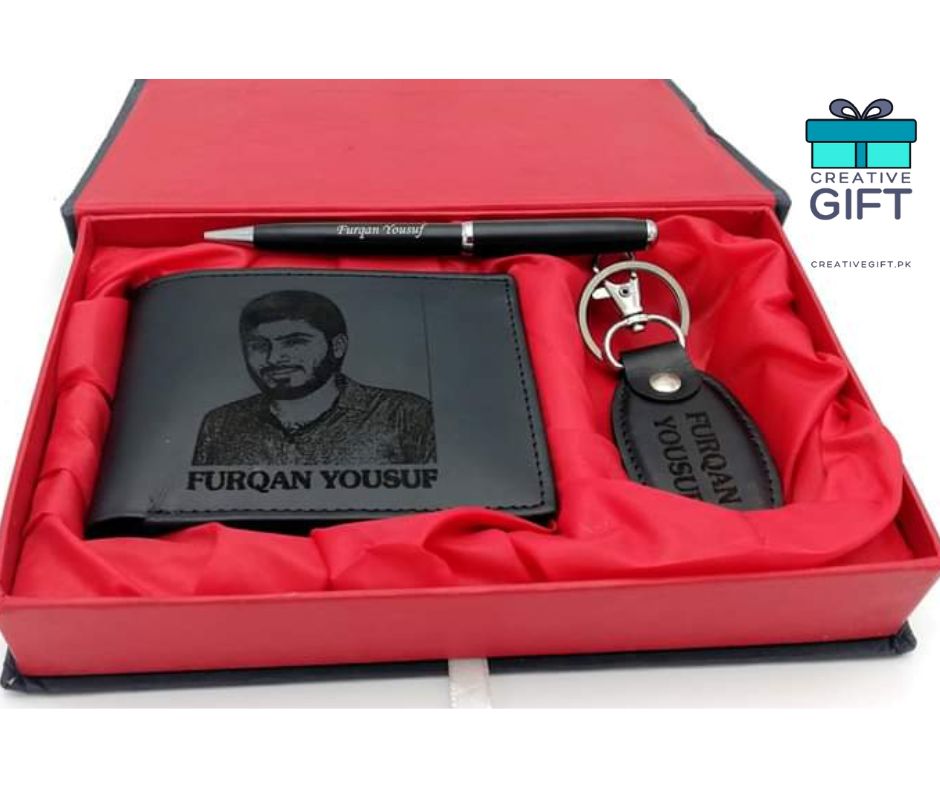 Customized leather wallet and keychain set with personalized name and portrait in black gift box