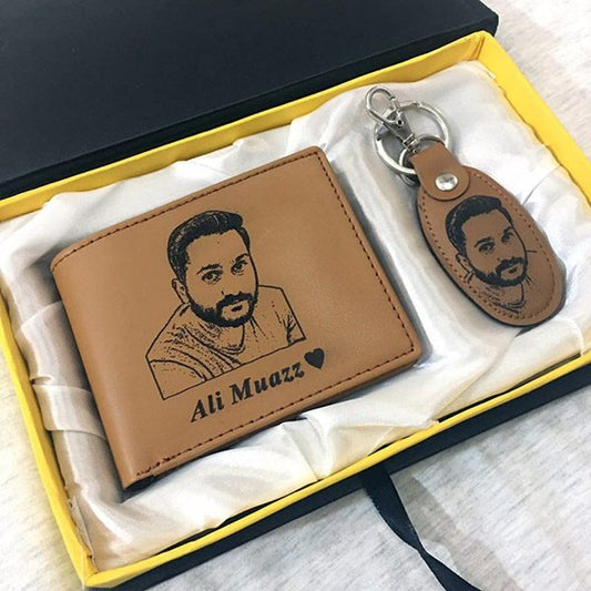 Customized leather wallet and keychain set with engraved portrait and name in gift box by Creativegift.pk