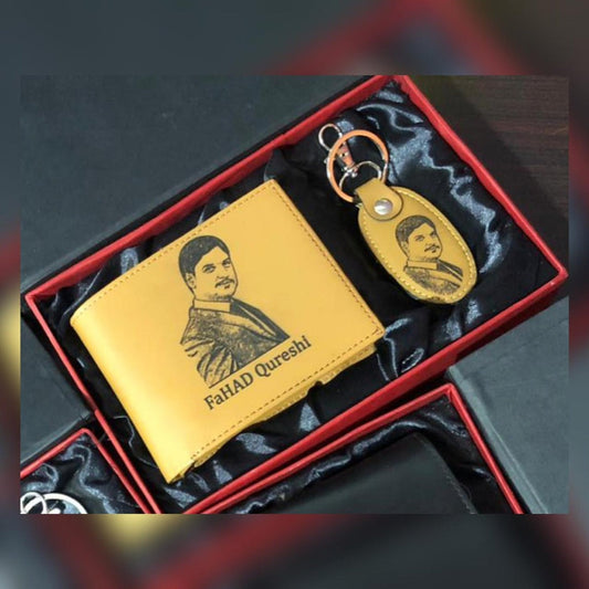 Customized leather wallet and keychain set with engraved portrait and name Fahad Qureshi in yellow leather