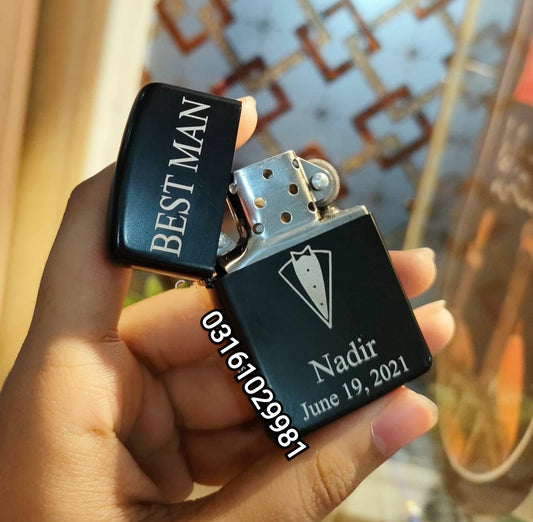 Black engraved lighter gift for men personalized with name Nadir and date June 19 2021 held in hand