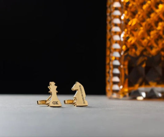 Gold chess piece cufflinks with king and knight design unique chess lover gifts by Creativegift.pk