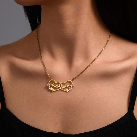 Gold double heart name locket for couples necklace with engraved names on delicate chain