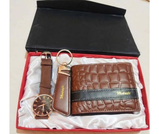 Personalized eid gift for him brown leather wallet watch and keychain set in a gift box