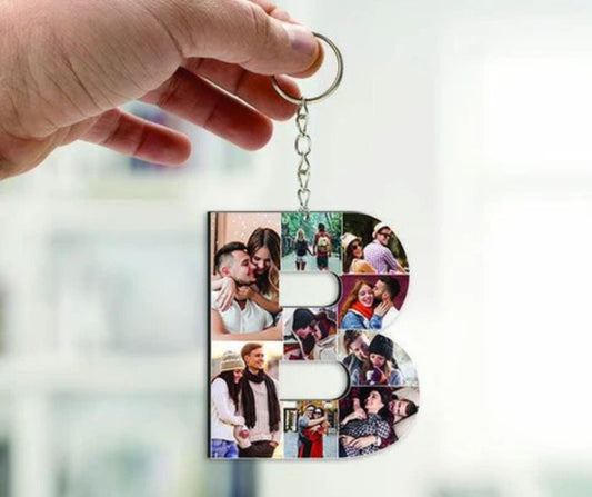 Personalized keychain with photo in letter B shape featuring multiple couple pictures