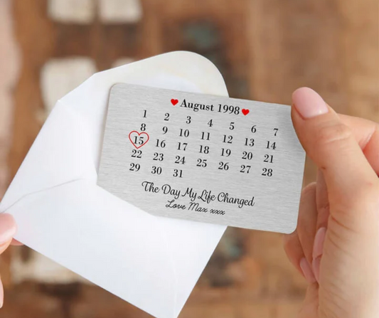 Personalized metal calendar gift highlighting August 1998 with a special date circled in red and custom message