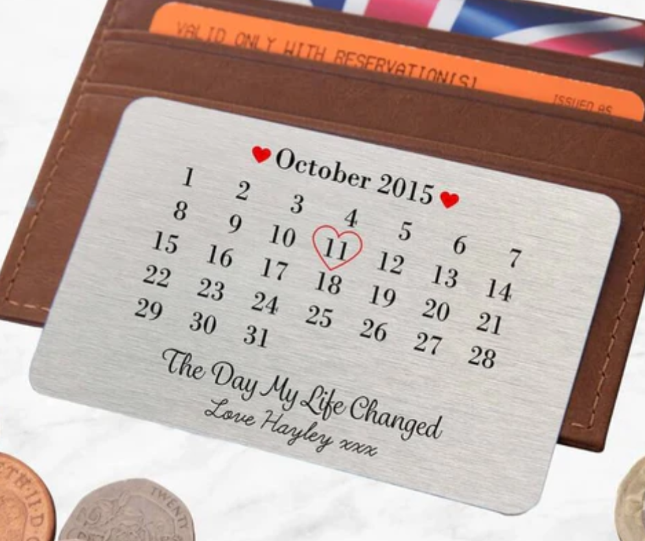 Personalized metal calendar gift with October 2015 dates and custom message in cardholder