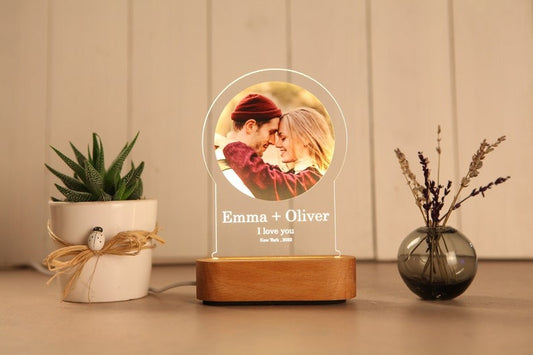 Personalized night light for couples with custom photo and names on wooden base by Creativegift.pk