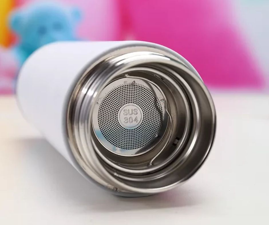 Close-up of stainless steel interior of personalized temperature water bottles showing SUS 304 quality