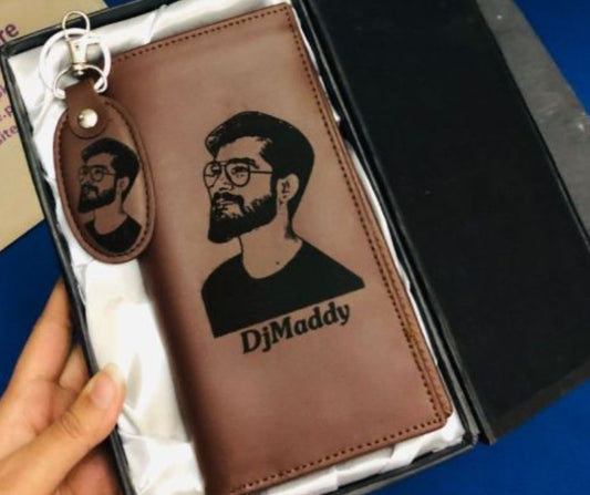 Name & Picture Engraved Gents Long Wallet & Keychain