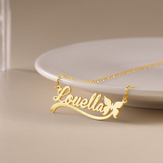 Elegant name plate jewelry gold necklace with the name Louella and butterfly design