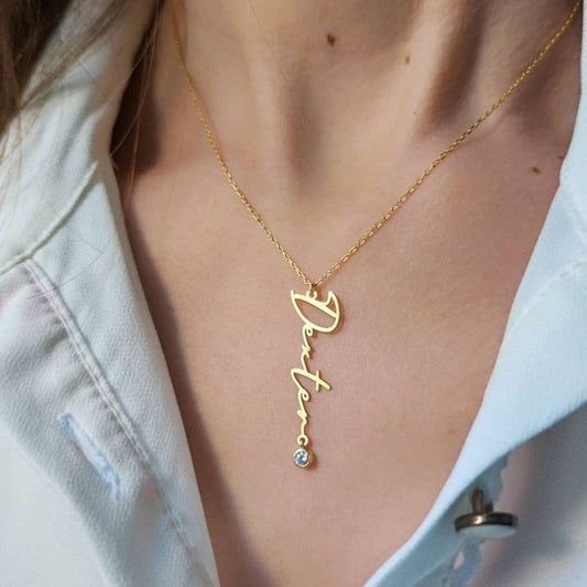 Elegant name plate jewelry gold necklace with custom name and small gemstone pendant